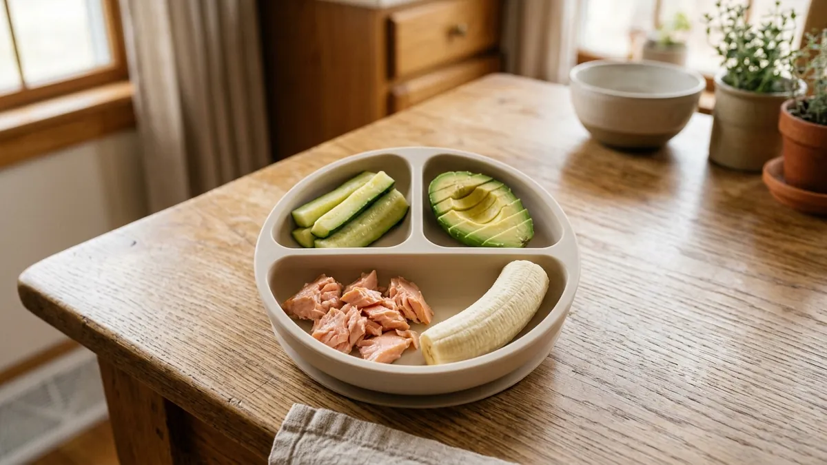 Plato de silicona con divisiones sobre mesa de madera con bastoncitos de calabacín al vapor, plátano pelado a lo largo, salmón y aguacate.