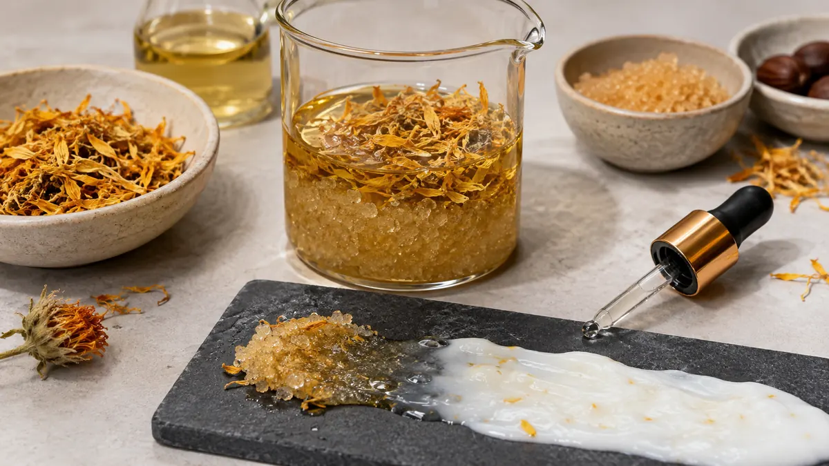 Ingredientes botánicos y muestra de exfoliante que se emulsiona con agua