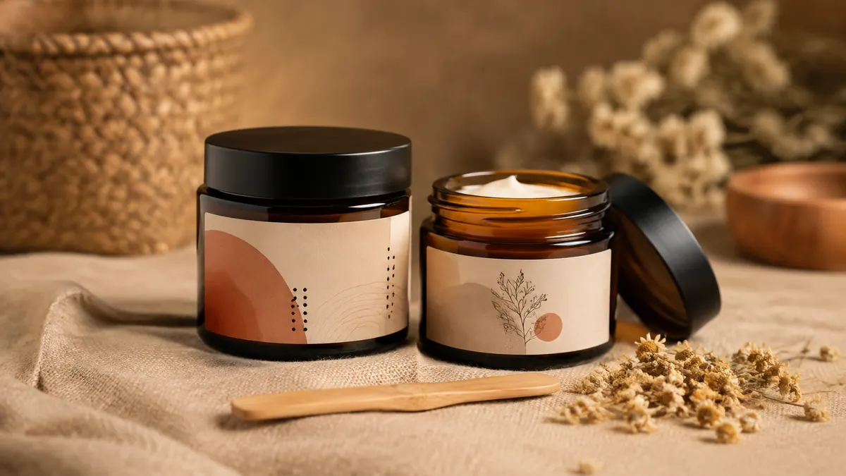 Frascos de cosmética natural artesanal junto a flores de manzanilla y espátula de bambú