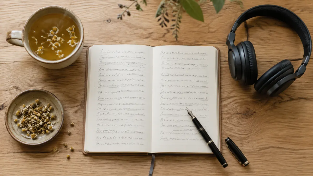 Espacio de journaling con taza de manzanilla, libreta, pluma y audífonos sobre madera