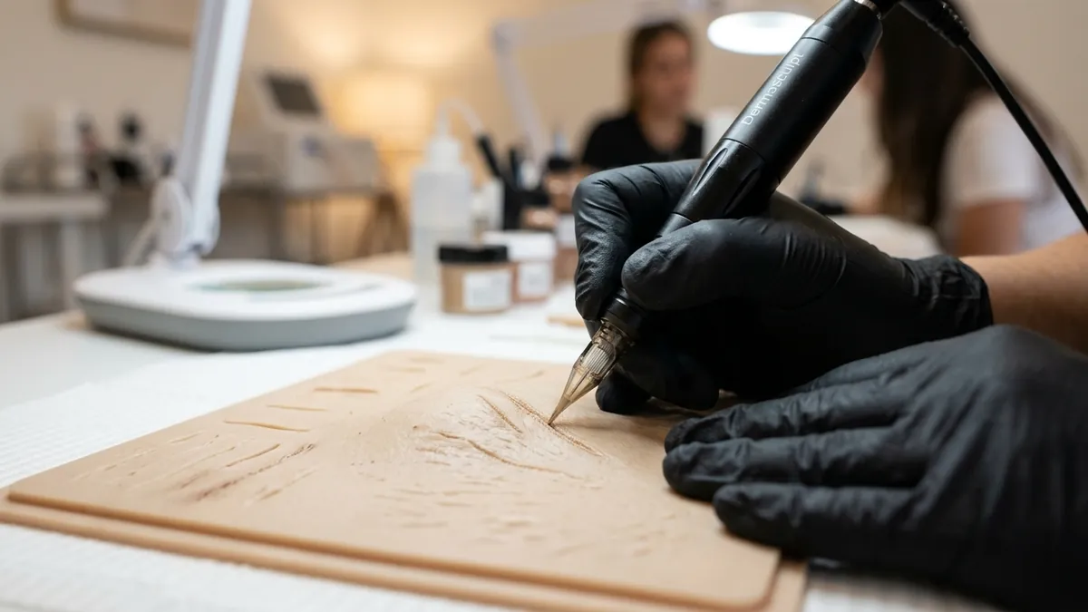 Especialista con guantes de nitrilo practicando trazos con dermógrafo sobre lámina de silicona sintética que simula estrías.