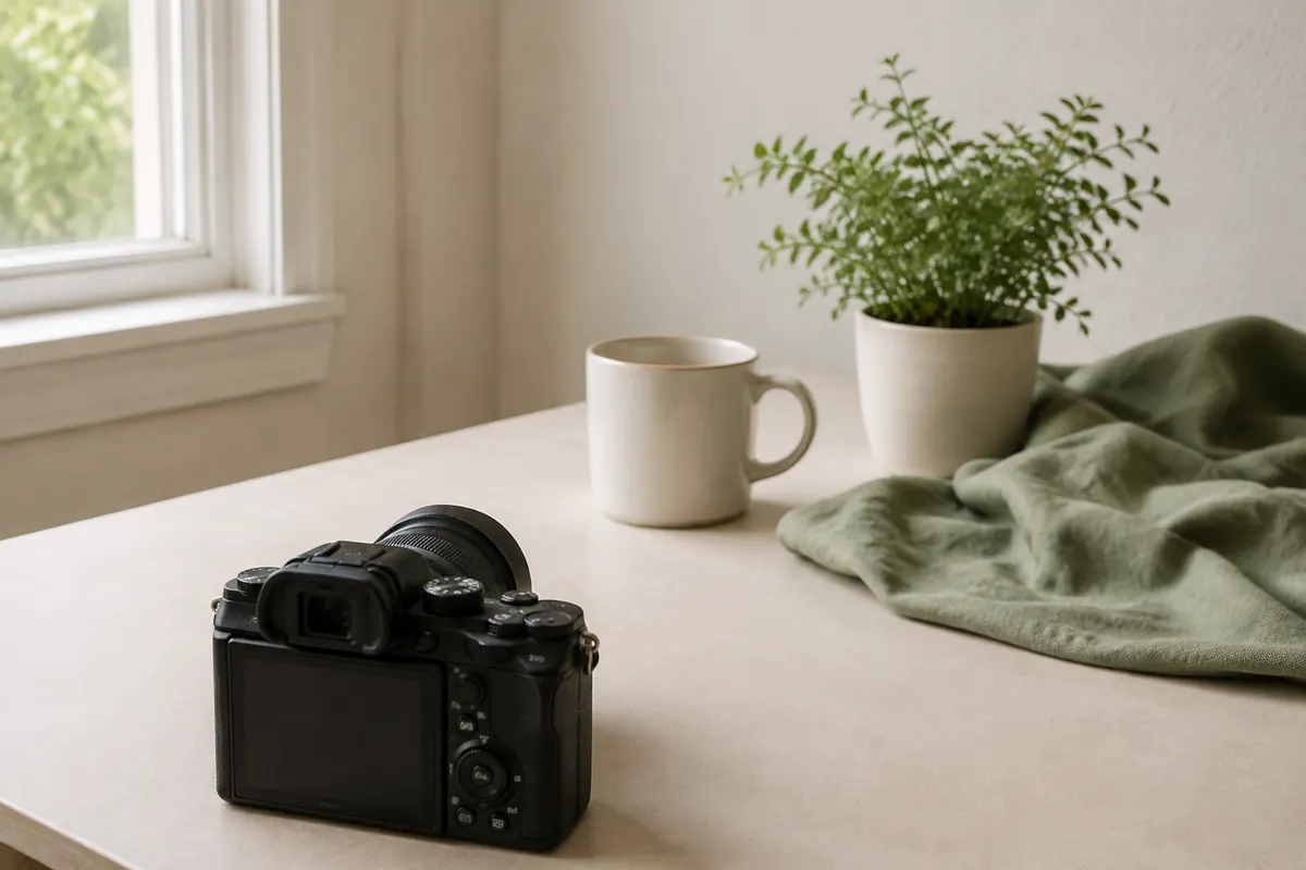 Cámara frente a una taza y una planta sobre una mesa iluminada por una ventana.