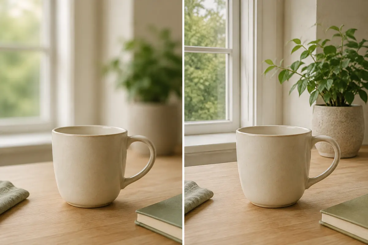 Comparación conceptual de una taza enfocada: fondo más desenfocado a la izquierda y más definido a la derecha.