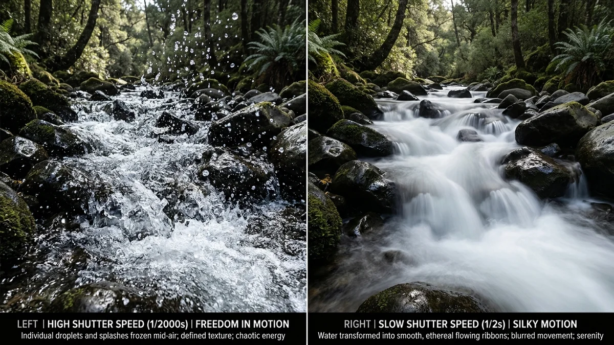 Comparativa pedagógica del agua en movimiento: gotas congeladas con obturación rápida vs efecto seda continuo con exposición lenta.