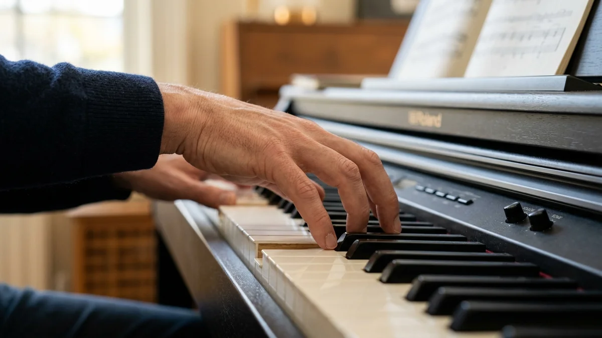 Primer plano lateral de manos relajadas tocando un piano digital con postura arqueada y muñecas alineadas.