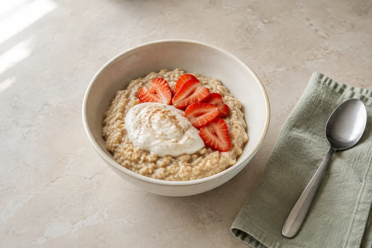 Cuenco de avena cocida con yogur natural y fresas en láminas.