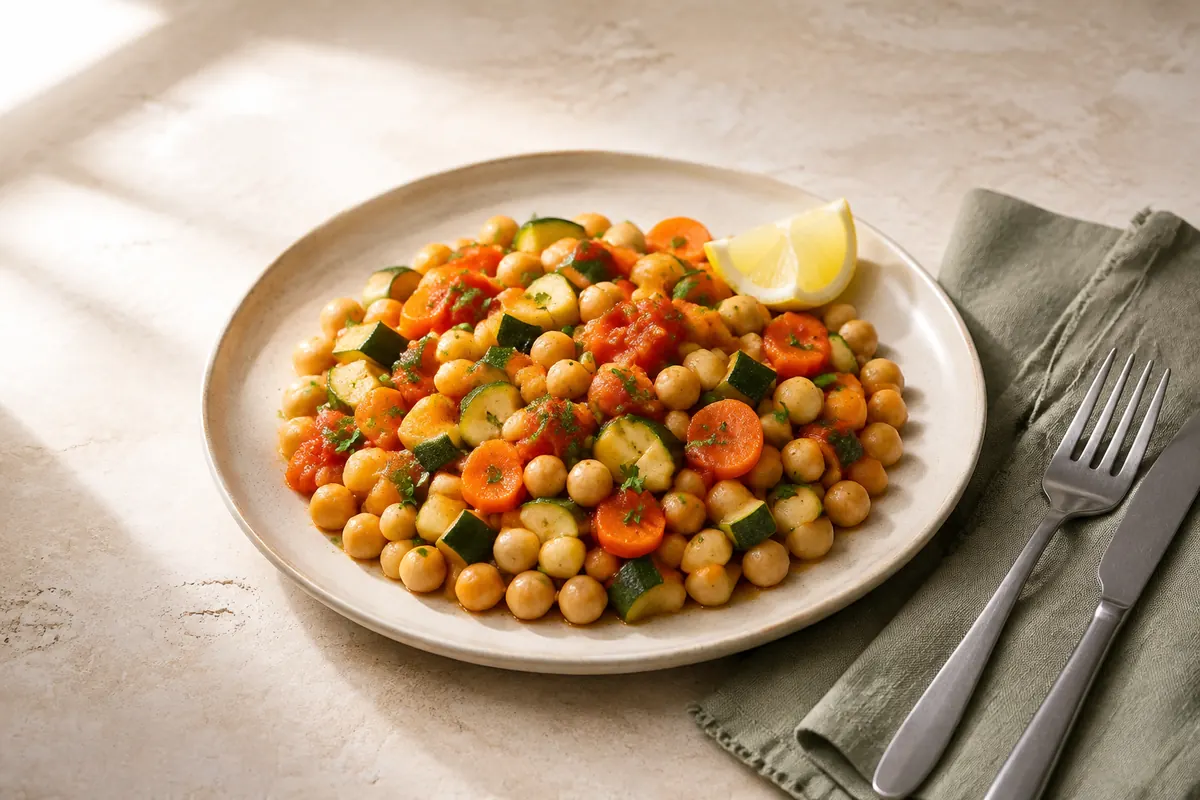 Garbanzos con calabacita, zanahoria, tomate y perejil en un plato.